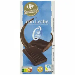 Chocolate con leche Carrefour Sensation sin gluten y sin azúcar añadido 125 g.