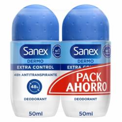 Desodorante roll-on dermo extra control 48h antitranspirante Sanex pack de 2 unidades de 50 ml.