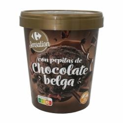 Helado de chocolate con pepitas chocolate belga Sensation Carrefour sin gluten 500 ml.