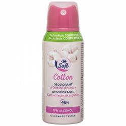 Desodorante en spray algodón protección 48h 0% alcohol Carrefour Soft 100 ml.
