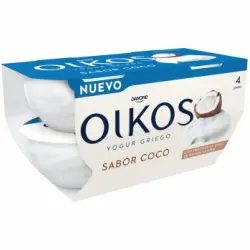 Yogur griego sabor coco Danone Oikos sin gluten pack de 4 unidades de 110 g.