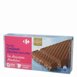 Turrón de chocolate con leche crujiente sin azúcar añadido Carrefour sin gluten 200 g.