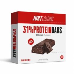 Barrita alta en proteínas sabor brownie baja en azúcar Just Loading pack de 3 unidades de 30 g.