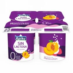 Leche fermentada desnatada con melocotón sin azúcar añadido Kaiku sin gluten sin lactosa pack de 4 unidades de 125 g.