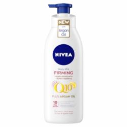 Loción corporal reafirmante hidratante con aceite de argán Nivea Q10 400 ml.