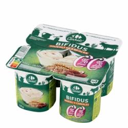 Bífidus desnatado con trozos de muesli sin azúcar añadido Carrefour pack de 4 unidades de 125 g.