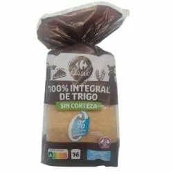 Pan de molde 100% integral de trigo sin corteza Carrefour Classic ́ sin lactosa y sin azúcar añadido 450 g.