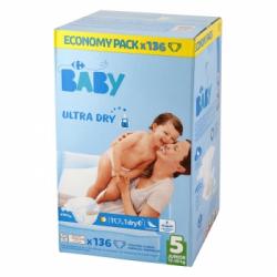Pañales Carrefour Baby Ultra Dry Talla 5 (12-20 kg) 136 ud.