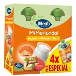 Yogur infantil de yogurín con fresa y plátano sin azúcar añadido Hero Mi Merienda sin aceite de palma pack 4 unidades de 100 g.