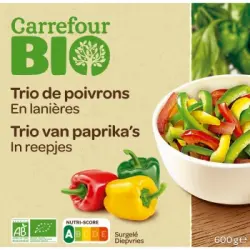 Pimiento tricolore en tira ecológico Carrefour Bio 600 g.