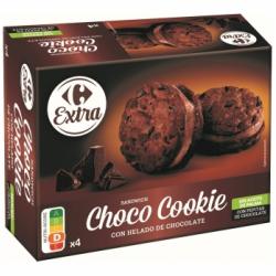 Sandwich choco cookie con helado de chocolate Extra Carrefour sin aceite de palma 4 ud.