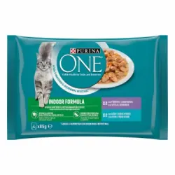 Comida húmeda de ternera y atún para gato Purina One Indoor 4x85 g.