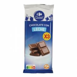 Chocolate con leche extrafino Carrefour pack de 3 tabletas de 150 g.