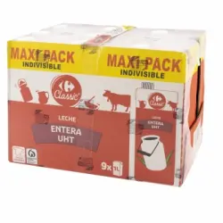 Leche entera Carrefour pack de 9 briks de 1 l.