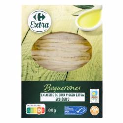 Boquerones en aceite de virgen extra ecológico procedente de pesca sostenible Carrefour sin gluten 80 g.