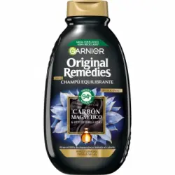 Champú equilibrante carbón magnético semilla negra raíces grasas puntas secas Original Remedies Garnier 300 ml.