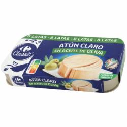 Atún claro en aceite de oliva Classic Carrefour pack de 8 latas de 52 g.