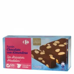 Turrón de chocolate con almendras sin azúcar añadido Carrefour sin gluten 200 g.