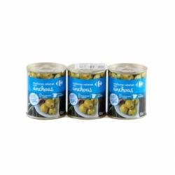 Aceitunas verdes rellenas de anchoa reducido en sal Carrefour pack de 3 latas de 50 g