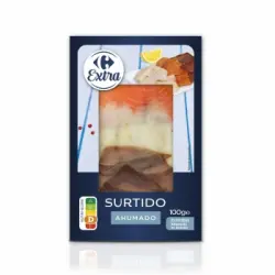 Surtido de ahumados salmón, bacalao y atún Extra Carrefour 100 g.