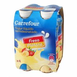 Yogur semidesnatado líquido de fresa y plátano Carrefour pack de 4 unidades de 200 ml.