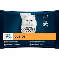 Comida húmeda finas láminas duo carnes para gato adulto Gourmet Perle 4x85 g.