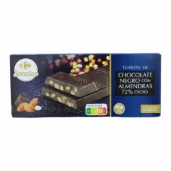 Turrón praliné de chocolate negro con almendras 72% cacao Carrefour Sensation sin gluten 250 g.