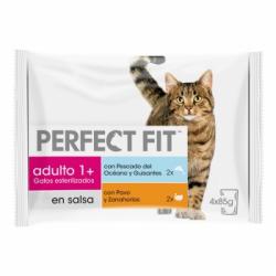 Comida húmeda esterilizada de pescado y pavo para gatos Perfect Fit pack de 4 x 85 g.