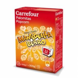 Palomitas sabor mantequilla para microondas Carrefour pack de 3 bolsas de 100 g.