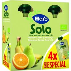 Bolsita de plátano, pera y naranja ecológica Hero Solo pack sin gluten 4 unidades de 100 g.