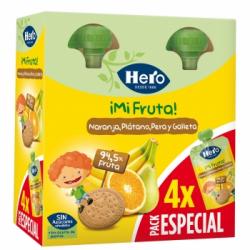 Bolsita de naranja, plátano, pera y galleta desde 12 meses sin azúcar añadido Hero Mi Fruta sin aceite de palma pack 4 unidades de 100 g.