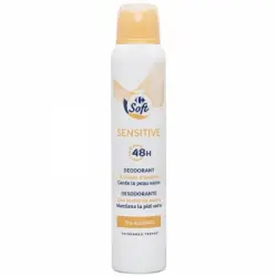 Desodorante en spray sensitive protección 48h aceite de avena 0% alcohol Carrefour Soft 200 ml.