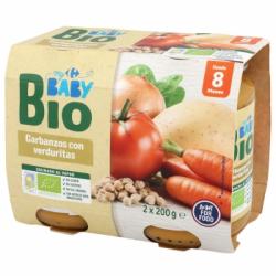 Tarrito de garbanzos con verduritas desde 8 meses ecológico Carrefour Baby Bio pack de 2 unidades de 200 g