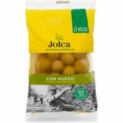 Aceitunas verdes manzanilla con hueso Jolca pack de 3 bolsas de 65 g.