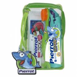 Kit dental infantil viaje Pierrot: cepillo de dientes, capuchón tiburón y crema dental fresa 1 ud.