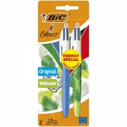Pack con bolígrafo BIC 4 Colores Original y bolígrafo BIC 4 Colores Velours - Cuerpos en Azul y Tropical