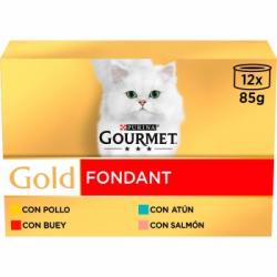 Comida húmeda de pollo,buey, atún y salmón para gato adulto Purina Gourmet Gold Fondant 12x85 g.