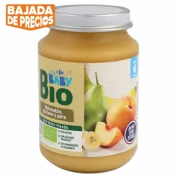 Tarrito de melocotón, plátano y pera desde 6 meses ecológico Carrefour Baby Bio sin gluten 200 g.