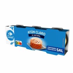 Atún claro al natural contenido reducido en sal Carrefour pack de 3 latas de 56 g.