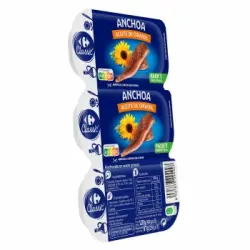 Filetes de anchoa en aceite de girasol Carrefour pack de 3 unidades de 29 g.