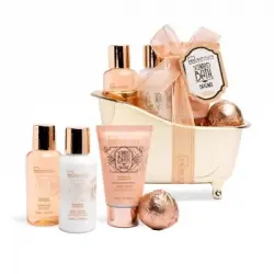 Set bañera IDC Institute orange&cinnamon : gel ducha 100 ml, loción corporal 100 ml, crema manos 80 ml y bomba baño 40g.