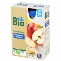 Preparado de manzana y plátano sin azúcar añadido desde 6 meses ecológico My Carrefour Baby Bio sin gluten pack de 4 de bolsitas de 100 g.