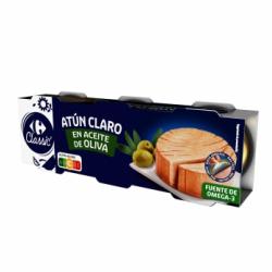 Atún claro en aceite de oliva Classic Carrefour pack de 3 latas de 52 g.