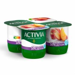 Bífidus desnatado con melocotón Danone Activia sin lactosa pack de 4 unidades de 120 g.