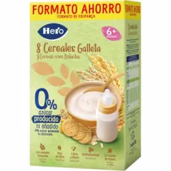 Papilla infantil desde 6 meses 8 cereales galleta Hero Baby sin azúcar añadido 820 g.