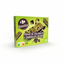 Barritas de pipas de calabaza y chocolate negro Sensation Carrefour sin aceite de palma 162 g.