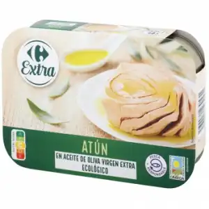 Atún en aceite de oliva virgen extra ecológico Carrefour pack de 6 latas de 52 g.