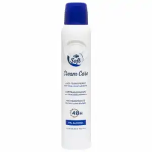 Desodorante en spray cream care 48h antitranspirante crema hidratante 0% alcohol Carrefour Soft 200 ml.