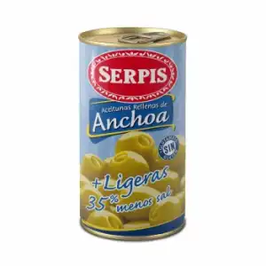 Aceitunas verdes rellenas de anchoa 35% menos de sal Ligeras Serpis sin gluten y sin lactosa 150 g.