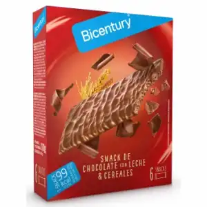 Barritas de chocolate con leche y cereales Bicentury 120 g.